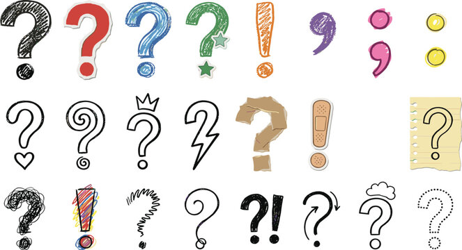 Hand Drawn Punctuation Mark Icon Set Featuring Colorful Question Marks, Exclamation Points, Colons, Semicolons, and Commas in Doodle, Sketch, and Collage Paper Textures Vector