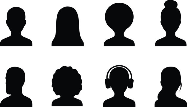 Human head and hairstyle silhouette icons for avatar profile design and fashion beauty projects