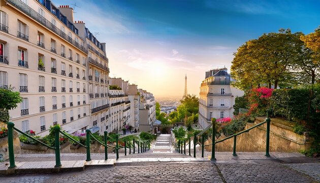 montmartre district of paris morning montmartre staircase in paris france europa view of cozy street in quarter montmartre in paris france architecture and landmarks of paris postcard of paris