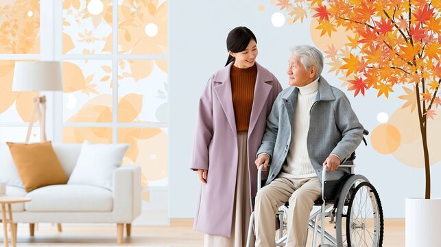 Daughter assisting elderly man in wheelchair inside bright living room