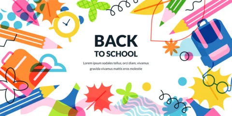 Vector back to school frame background. Abstract education banner design with pencil, schoolbag, glasses, autumn leaves © Qualit Design