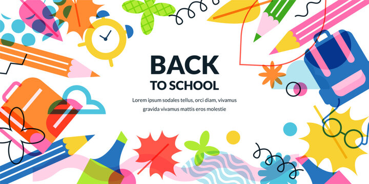 Vector back to school frame background. Abstract education banner design with pencil, schoolbag, glasses, autumn leaves