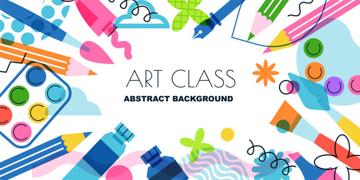 Vector art school, creative workshop frame background. Education colorful banner design with artistic stationery