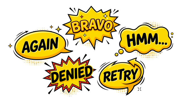 Yellow comic bubbles for bravo and denied feedback.
