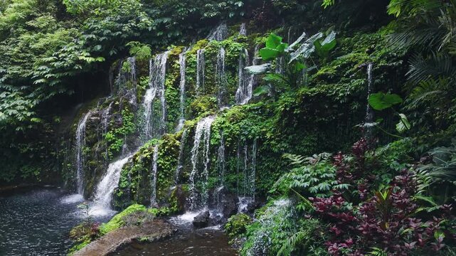 Waterfall with lush tropical plants. Banyu Wana Amertha Waterfall in Bali.