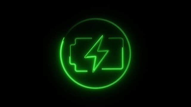 Glowing green neon icon of a charging battery with lightning bolt inside a circle on black background.