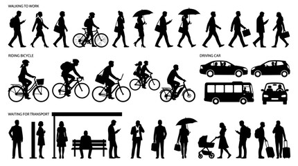 Obraz premium People walking and riding bicycles silhouettes.