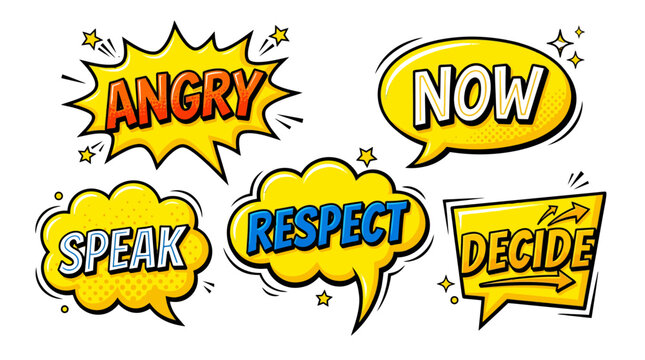 Yellow comic speech bubbles with angry and respect text.