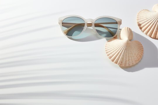 Sunglasses and seashells are lying on a white surface, creating a summer vibe with palm shadows