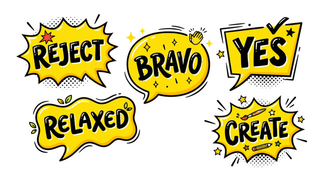 Yellow comic bubbles with reject bravo yes relaxed create.