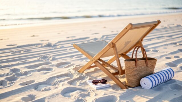 luxury modern lounge chair set up on white sand beach at golden hour with accessories for travel promotion