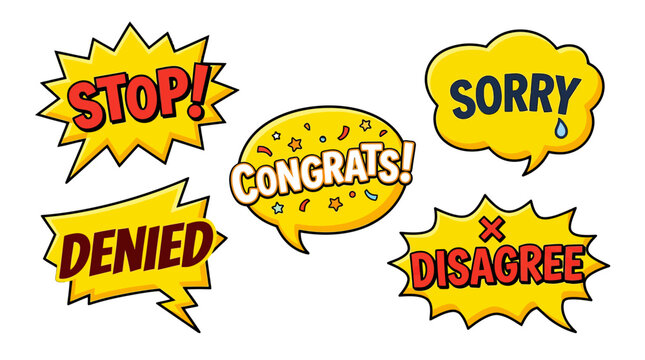 Yellow comic bubbles with stop sorry denied congrats disagree