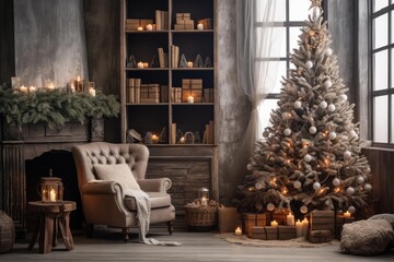 Obraz premium Living room interior with illuminated christmas tree, classic armchair, and festive holiday decor