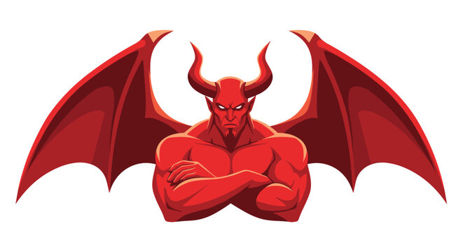 Powerful red devil figure with large wings and sharp horns sitting with arms crossed in an intimidating muscular pose.