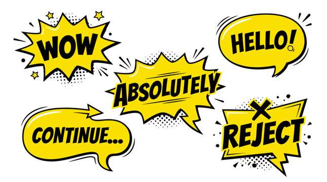 Yellow comic bubbles with wow hello continue absolutely text.