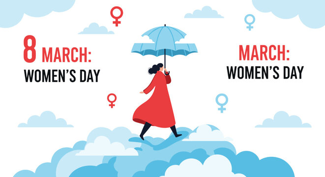 International Women's Day illustration showing a woman walking through clouds with an umbrella and female gender symbols.
