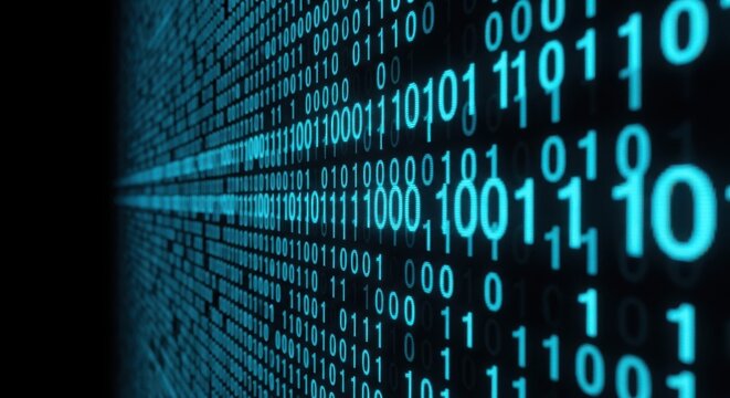 Blue digital binary code stream on a black background illustration