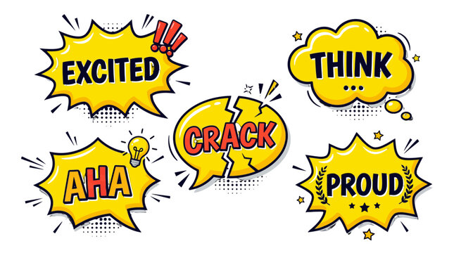 Yellow comic bursts with excited aha crack think proud text