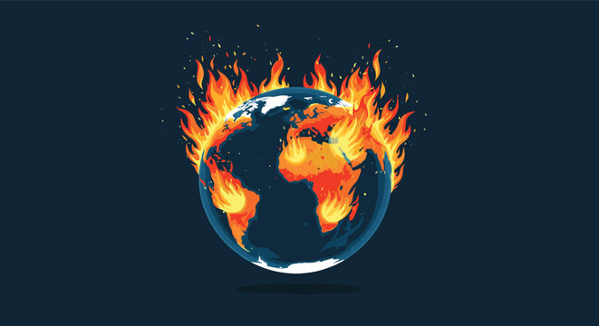 Dramatic illustration shows the planet Earth completely engulfed in hot orange flames against a dark space background for climate change.