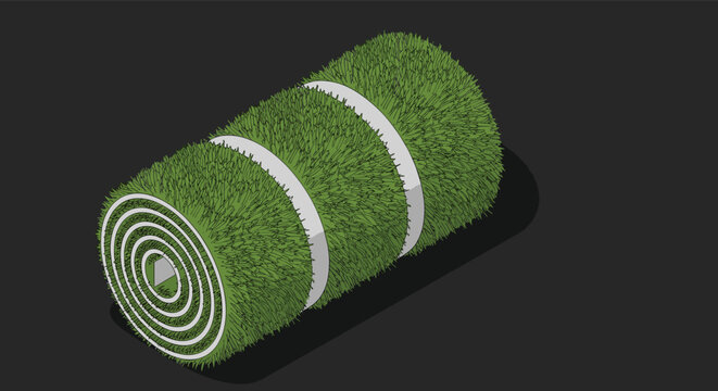 Large roll of green artificial grass sod rests on a dark ground surface illustrating landscaping and lawn maintenance concepts.