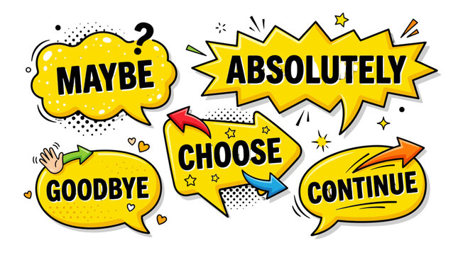 Yellow comic speech bubbles with Absolutely and Choose text.