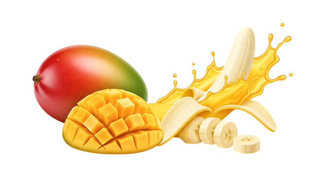 A vibrant mango and banana with juice splash composition detailed vector illustration on transparent background bananas fruit tropical