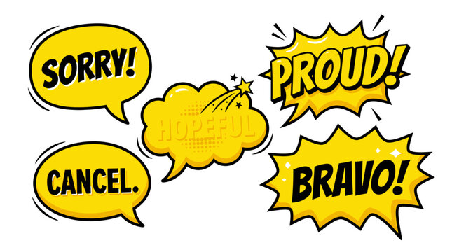 Yellow comic speech bubbles with sorry and bravo text.
