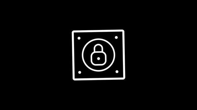 Modern white line art icon of a secure microchip with a padlock inside circles, representing hardware cybersecurity, data encryption,and electronic system protection on a pure black background.
