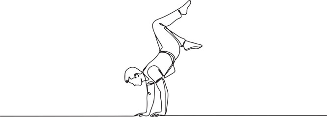 Fototapeta premium Continuous one line drawing young guy balanced on one hand in inverted freeze with leg bent and raised high. one line Icon drawing