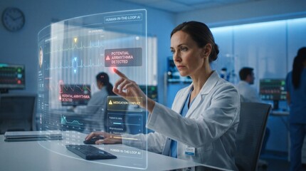 Fototapeta premium Female doctor analyzes heart rhythm data on transparent holographic display in medical lab