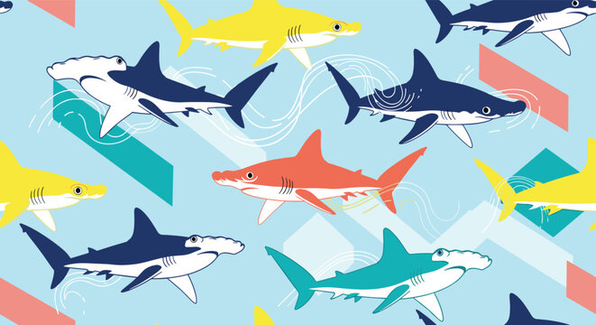 Seamless repeating pattern features various types of sharks in different colors swimming across a light blue background with shapes.