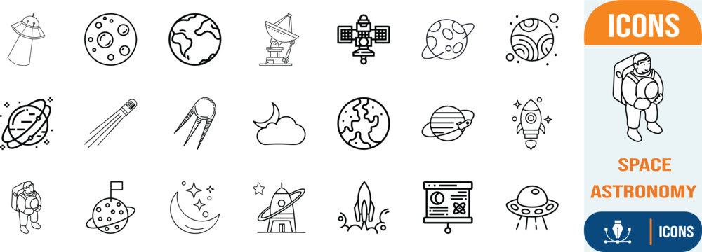 Outer space astronomy science line icons. planet icon set, rocket icon set, astronaut icon set
