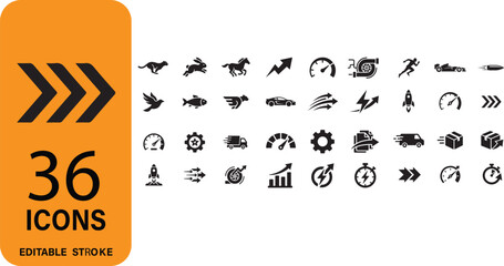 High Velocity Speed and Athletic Performance Agility Solid Glyph Icon Set Featuring Wild Running Cheetahs Fast Galloping Horses Quick Rockets Mechanical Speedometers and Rapid Growth Arrows © vectorzking
