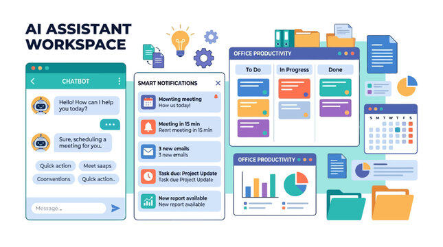 A futuristic AI assistant workspace with various mobile screens and icons displays a dashboard of colorful charts and graphs on a modern interface.