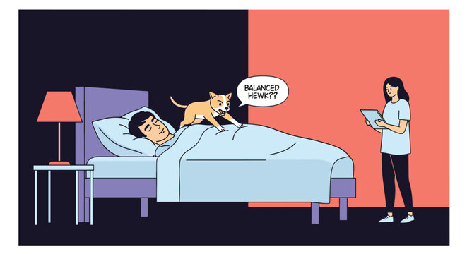 Comic style illustration of a cat jumping on its sleeping owner in bed while a woman watches from the side in a simple bedroom setting.