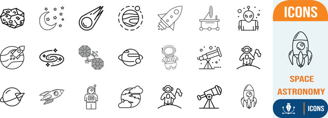 Space astronomy exploration vector icons. rocket icon set, astronaut icon set, planet icon set © Sifat Shop