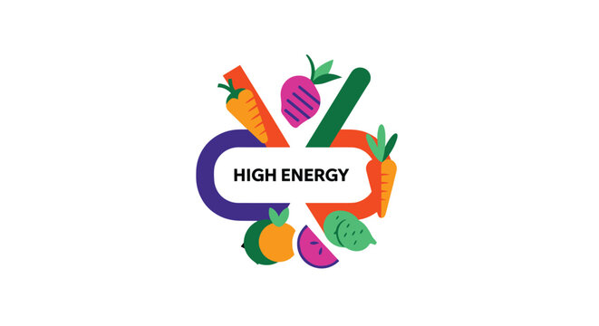 Abstract logo for High Energy featuring colorful fruits and vegetables like carrots beets and oranges in a modern style for health brands.