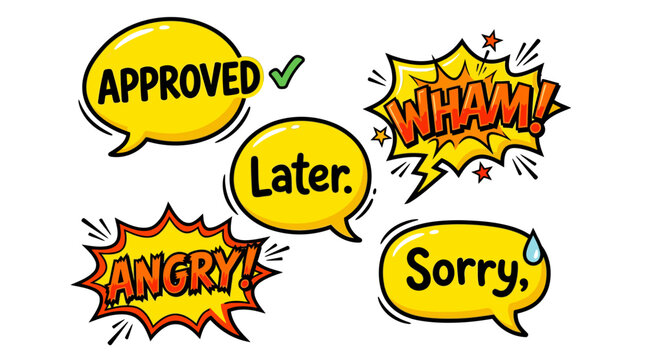 Yellow pop art speech bubbles with later and sorry.
