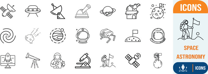 Space science and astronomy line icons. astronaut icon set, telescope icon set, satellite icon set © Sifat Shop