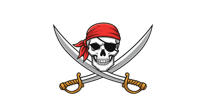 Menacing pirate skull wearing a red bandana and an eye patch sits in front of two crossed curved swords against a white background.