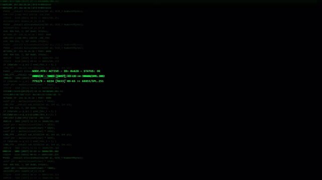 Digital Terminal with Scrolling Green Program Script and Software Hack Concept