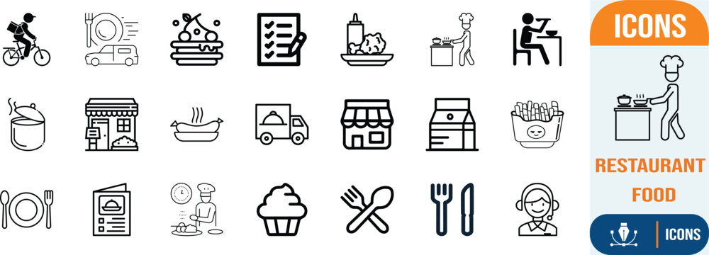 Food restaurant delivery cooking dining icons. chef icon set, menu icon set, fries icon set
