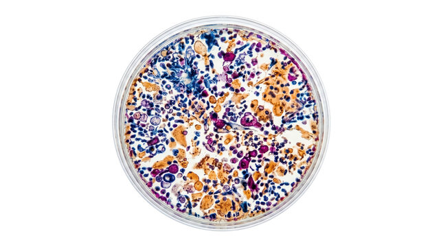 Microscopic view of colorful biological cells in petri dish