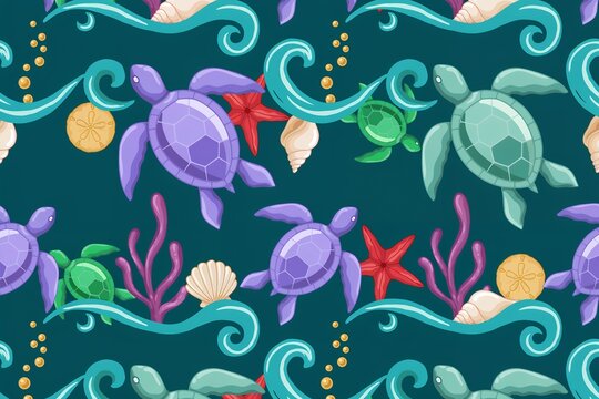 Seamless pattern with sea turtles, starfish, seashells, and wavy water lines on a deep teal background, for aquatic themed, surface projects
