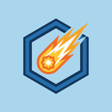 A bright orange comet icon inside a blue geometric hexagon shape
