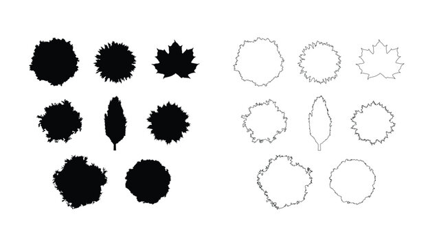 Set of black tree silhouettes and outline shapes isolated on transparent background.