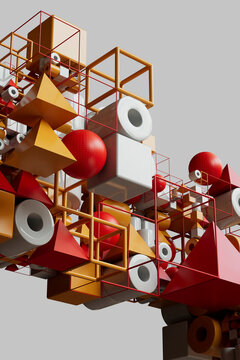 Close up abstract geometric construction with red accents