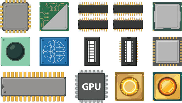 Collection of computer microchips processors and integrated circuit elements with a central GPU icon isolated on white background