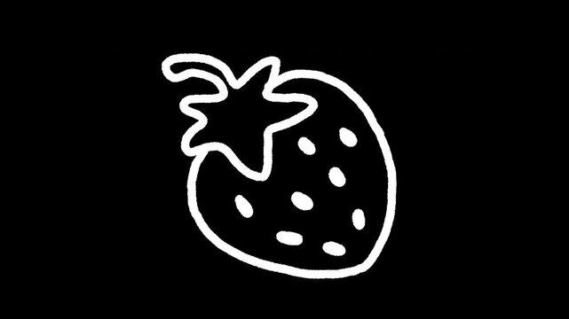 Transparent background hand-drawn 2D loop animation of a strawberry with a wiggly doodle line effect. Minimalist white line art icon for organic design, cute food motion graphics, and social media.