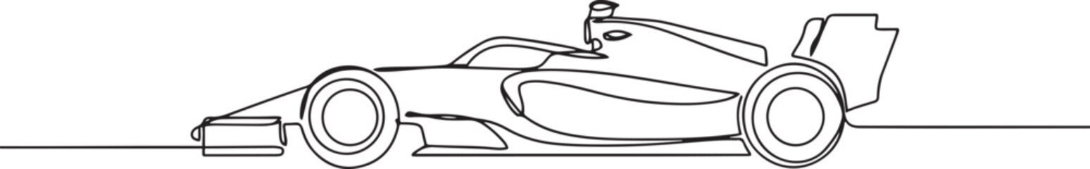 Fototapeta premium Continuous one line drawing Formula One racing car, emphasizing the intricate front wing and tire detail. one line Icon drawing